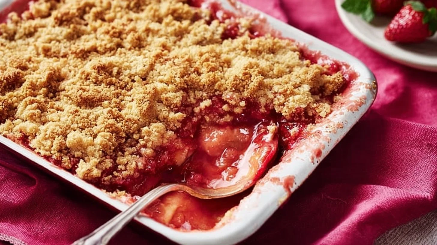 Delicious homemade strawberry rhubarb crumble dessert served in a bowl.