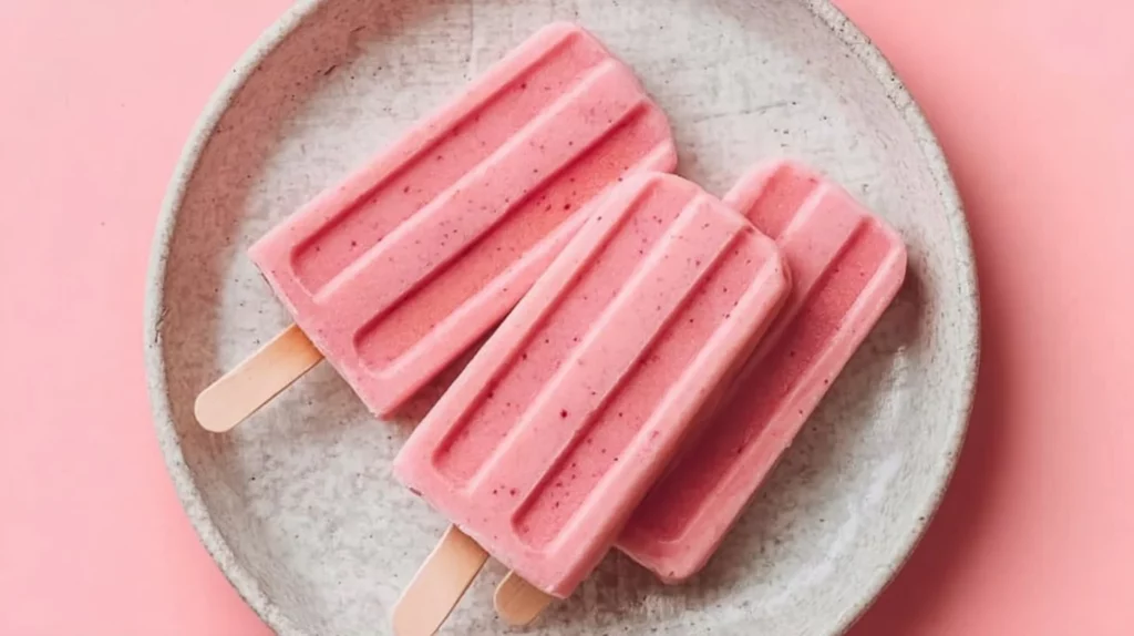 Strawberry Banana Popsicles served on a wooden stick in vibrant colors.
