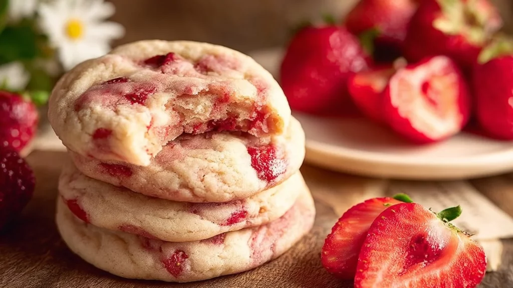 Strawberry cheesecake cookies topped with fresh strawberries and cream.