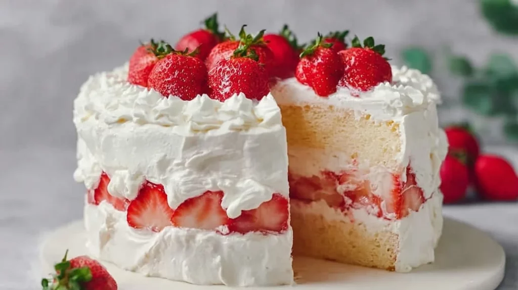 Delicious Strawberry Cream Cake decorated with fresh strawberries and whipped cream