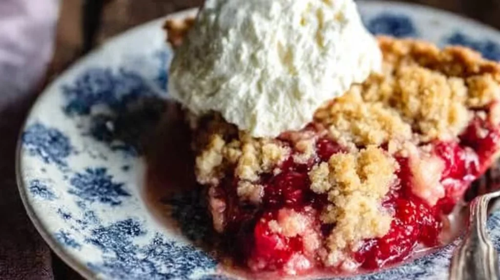 A freshly baked strawberry crumble pie with golden crumble topping and juicy strawberries