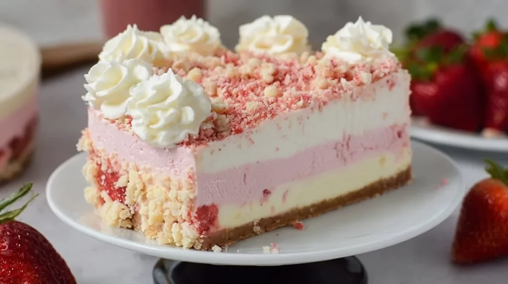 Delicious Strawberry Crunch Cheesecake topped with fresh strawberries and a crunchy layer.