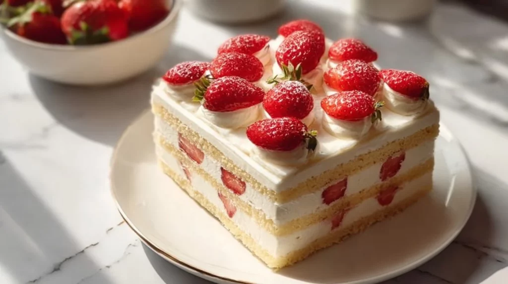 Delicious Strawberry Layer Cake with fresh strawberries and cream