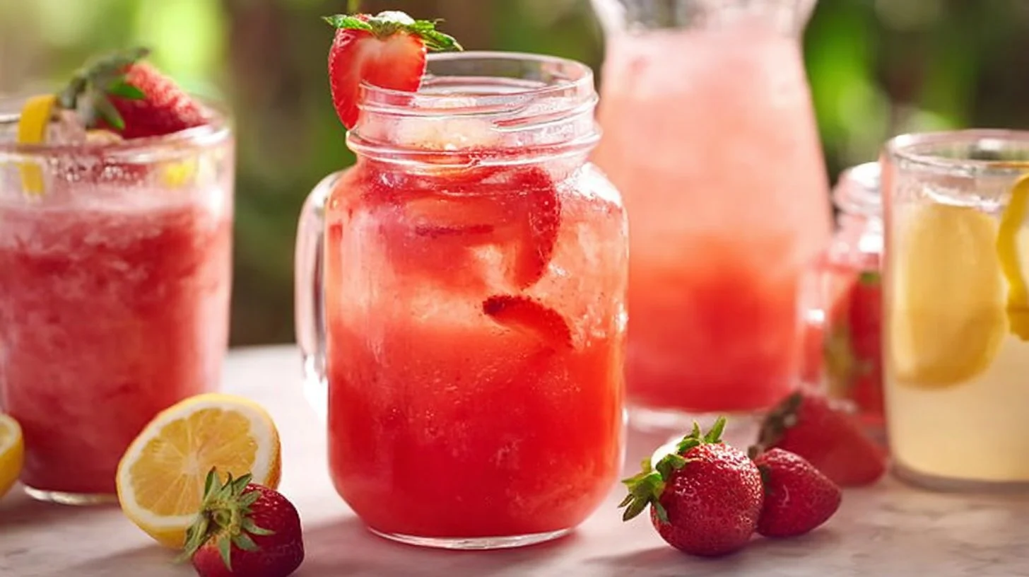 Refreshing Strawberry Lemonade served in a glass with fresh strawberries.