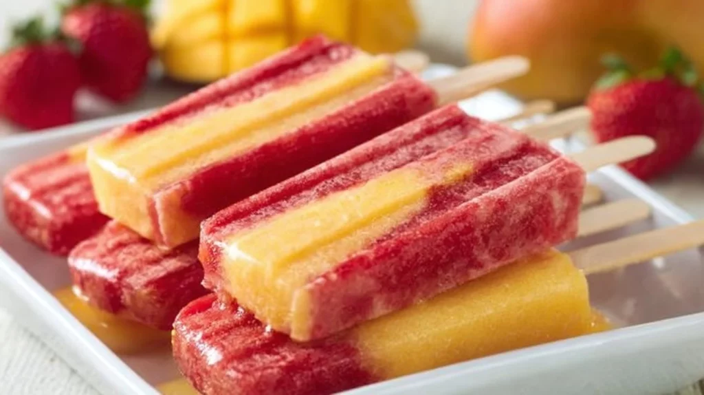 Homemade strawberry mango popsicles on a colorful plate