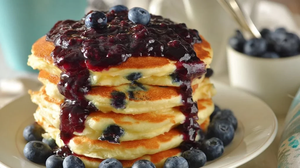 Delicious strawberry pancakes drizzled with homemade strawberry sauce.