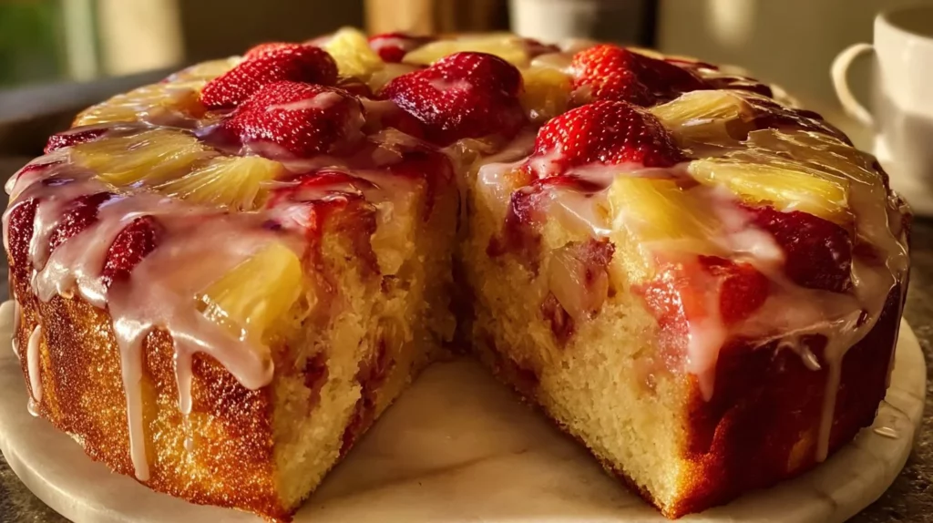 Delicious Strawberry Pineapple Pound Cake with fresh strawberries and pineapple