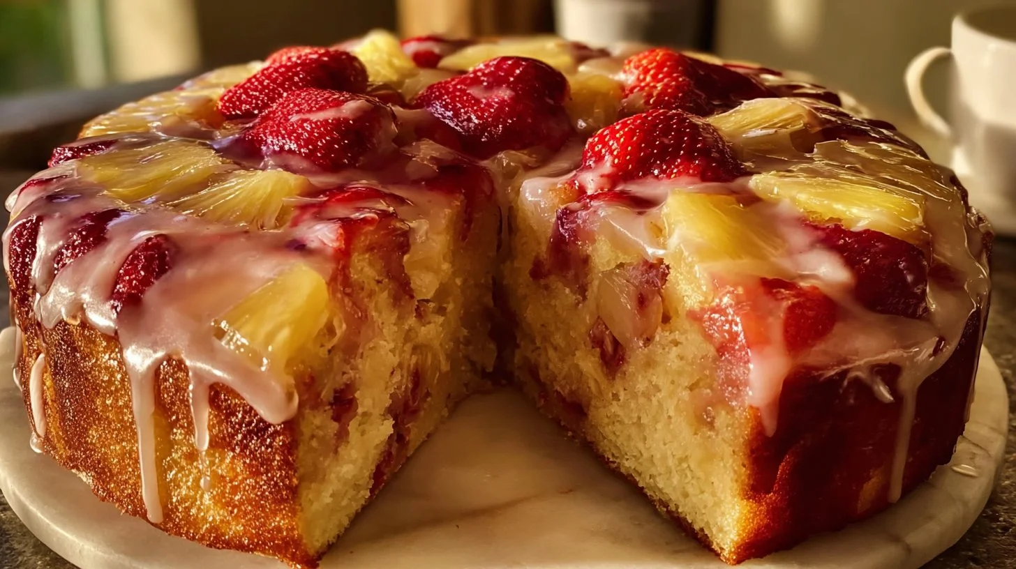 Delicious Strawberry Pineapple Pound Cake with fresh strawberries and pineapple