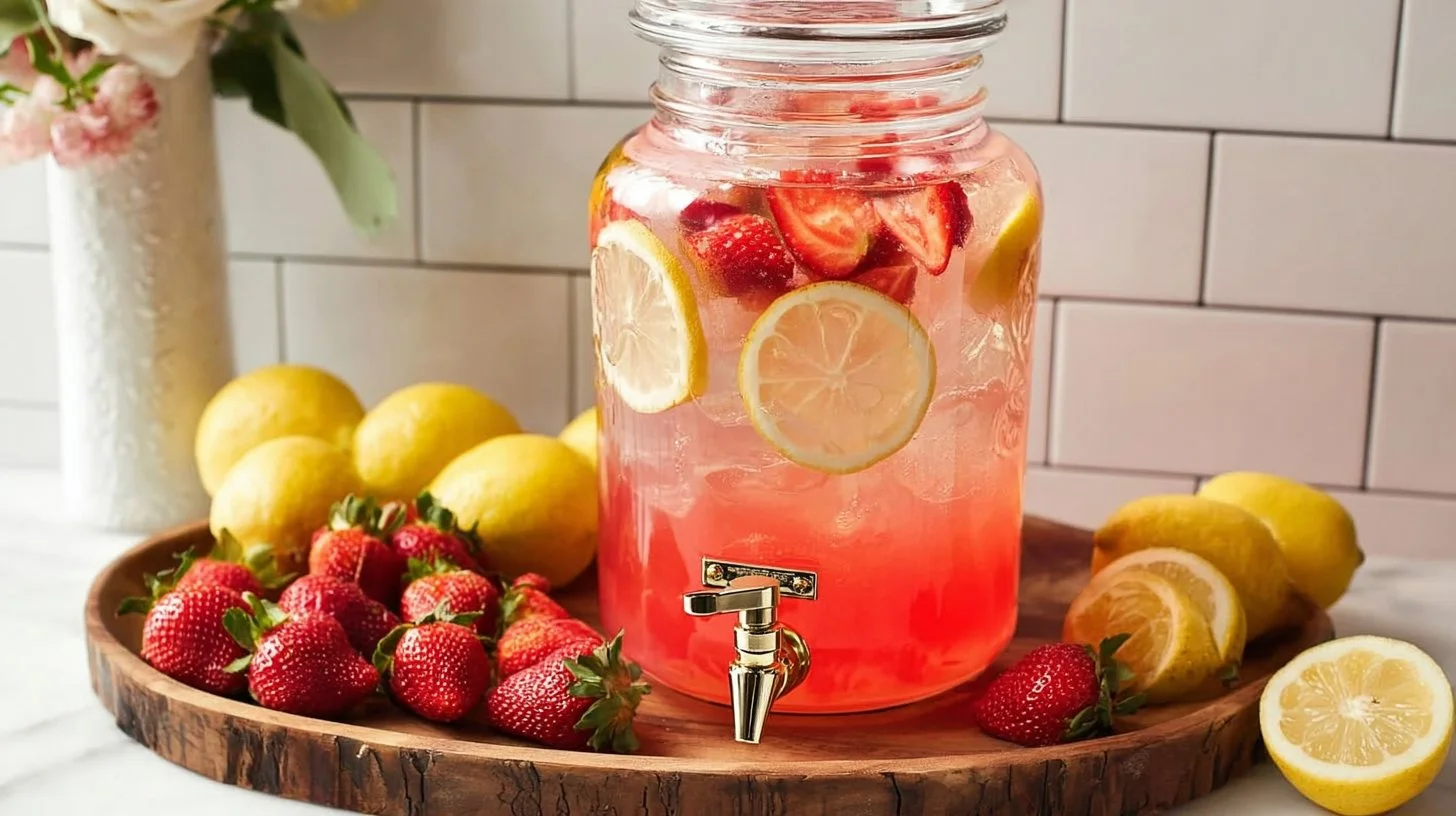Refreshing glass of strawberry pink lemonade with fresh strawberries and lemon slices.