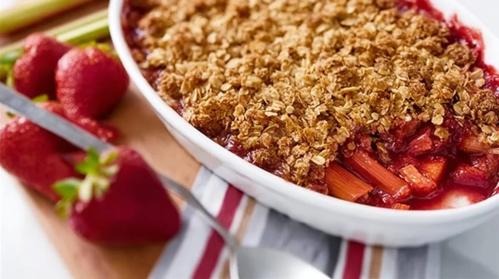 Delicious Strawberry Rhubarb Crisp with a golden, crunchy topping