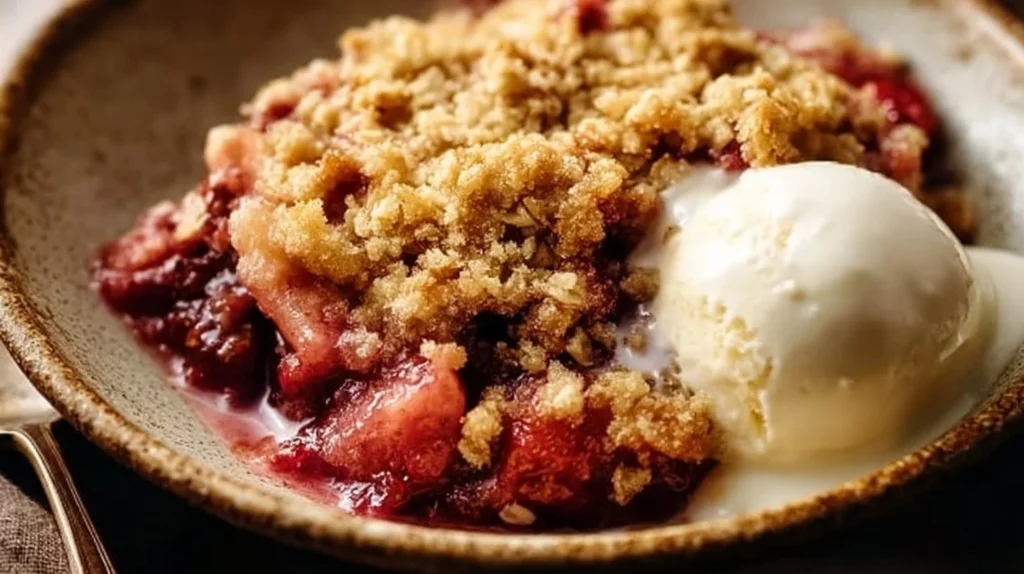 Delicious Strawberry Rhubarb Crisp with a golden oat topping