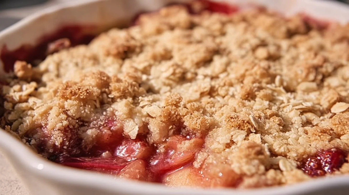 Delicious strawberry rhubarb crisp dessert served in a rustic dish