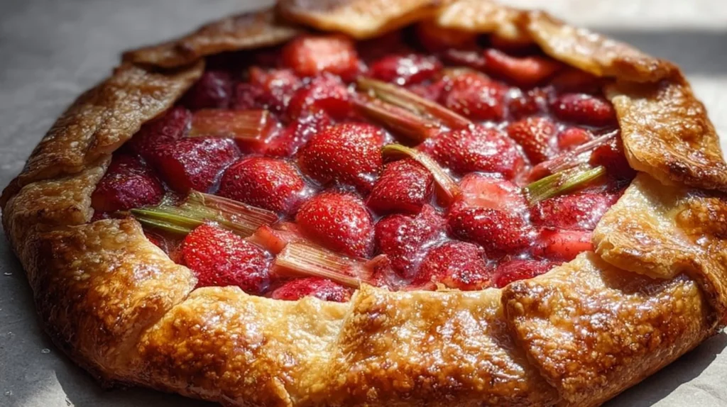 Homemade strawberry rhubarb galette with flaky crust and fresh fruit filling
