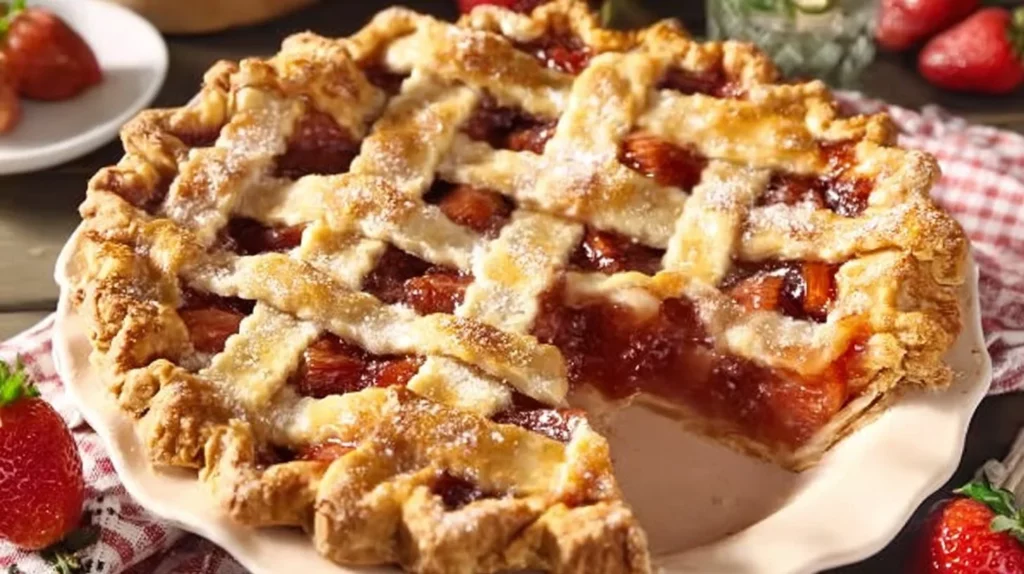 Homemade strawberry rhubarb pie sliced and garnished with fresh strawberries