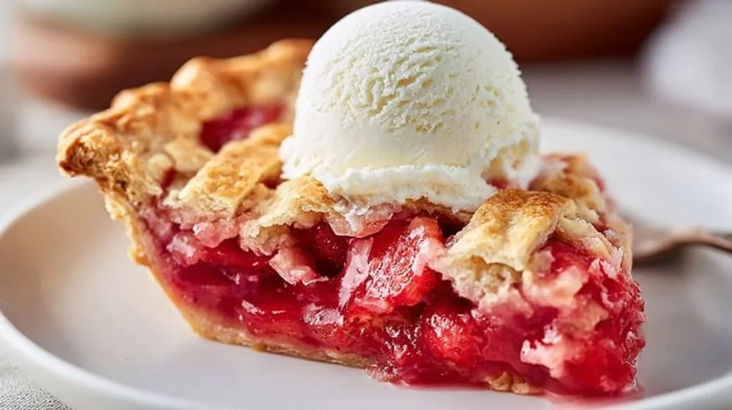 Delicious homemade Strawberry Rhubarb Pie with a flaky crust