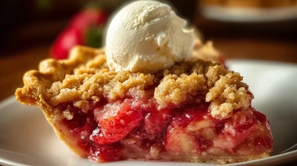 Slice of homemade strawberry rhubarb pie with flaky crust