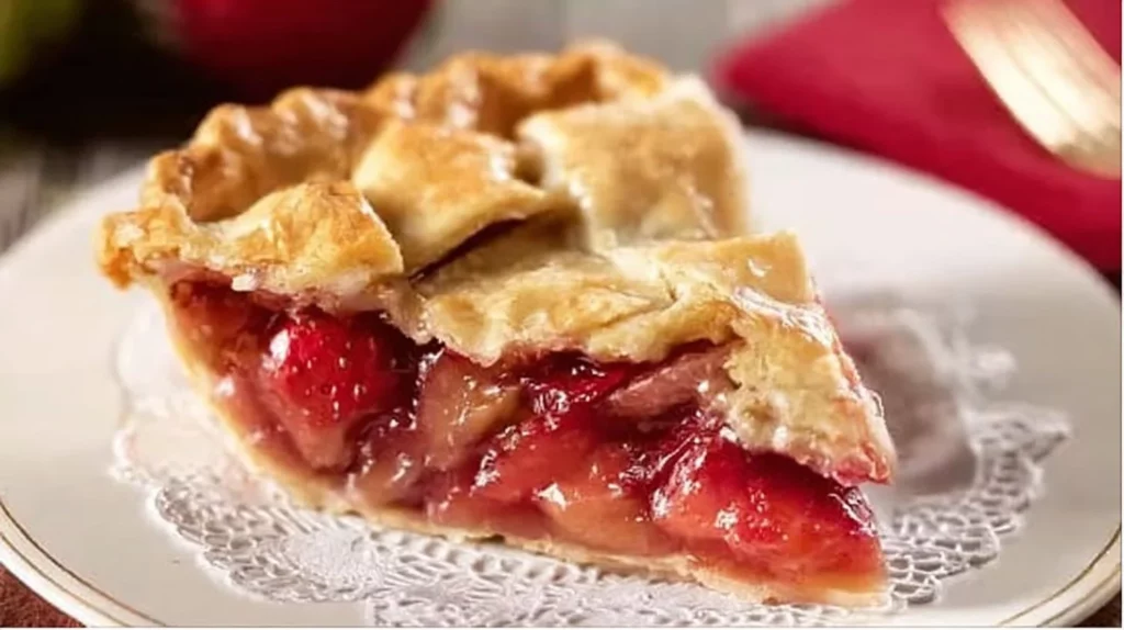 Homemade strawberry rhubarb pie with a flaky crust and vibrant filling.