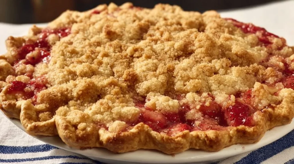 Delicious strawberry rhubarb pie with crumb topping served on a rustic table