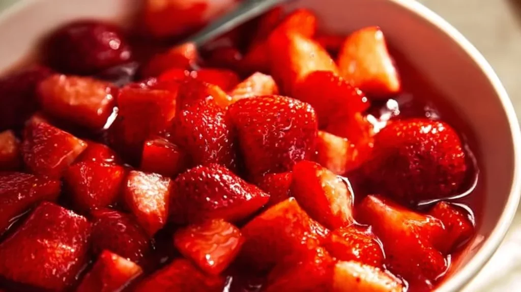 A bowl of fresh strawberry sauce drizzled over dessert