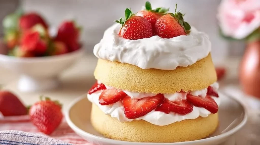 Delicious homemade strawberry shortcake with fresh strawberries and whipped cream.