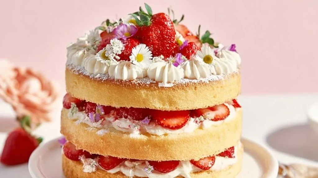 Delicious homemade Strawberry Shortcake topped with fresh strawberries and whipped cream