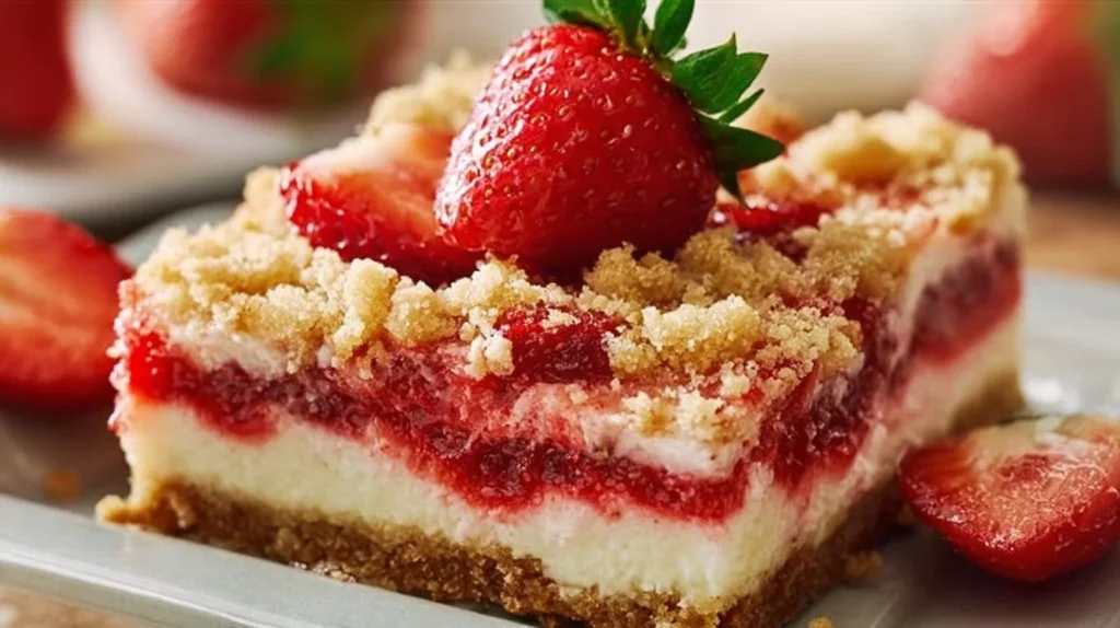 Delicious strawberry shortcake bars topped with fresh strawberries.