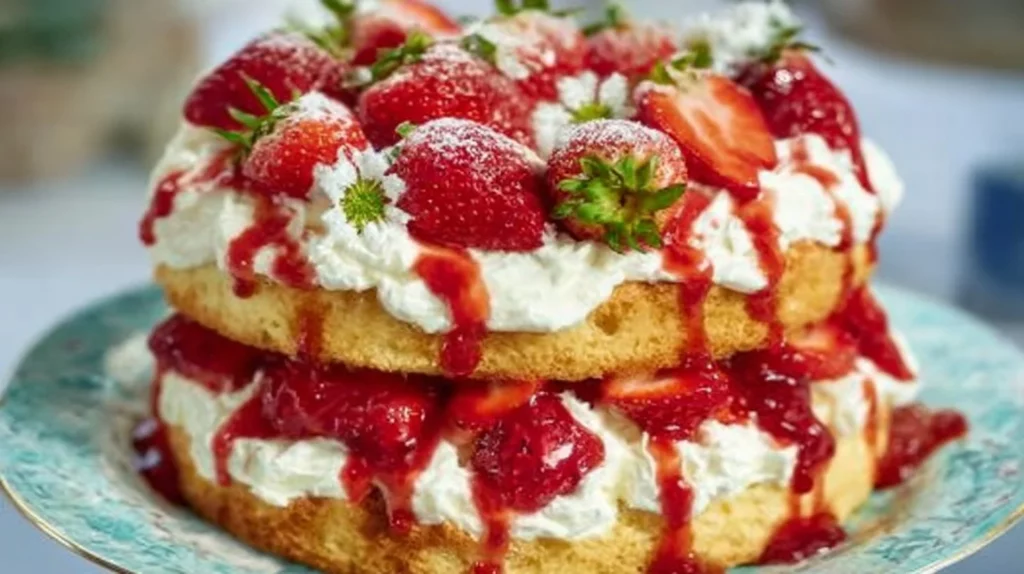 Delicious Strawberry Shortcake Cake with fresh strawberries and whipped cream