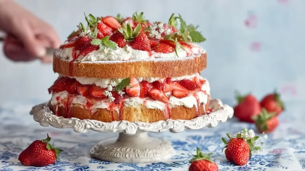 Delicious Strawberry Shortcake Cake layered with fresh strawberries and whipped cream