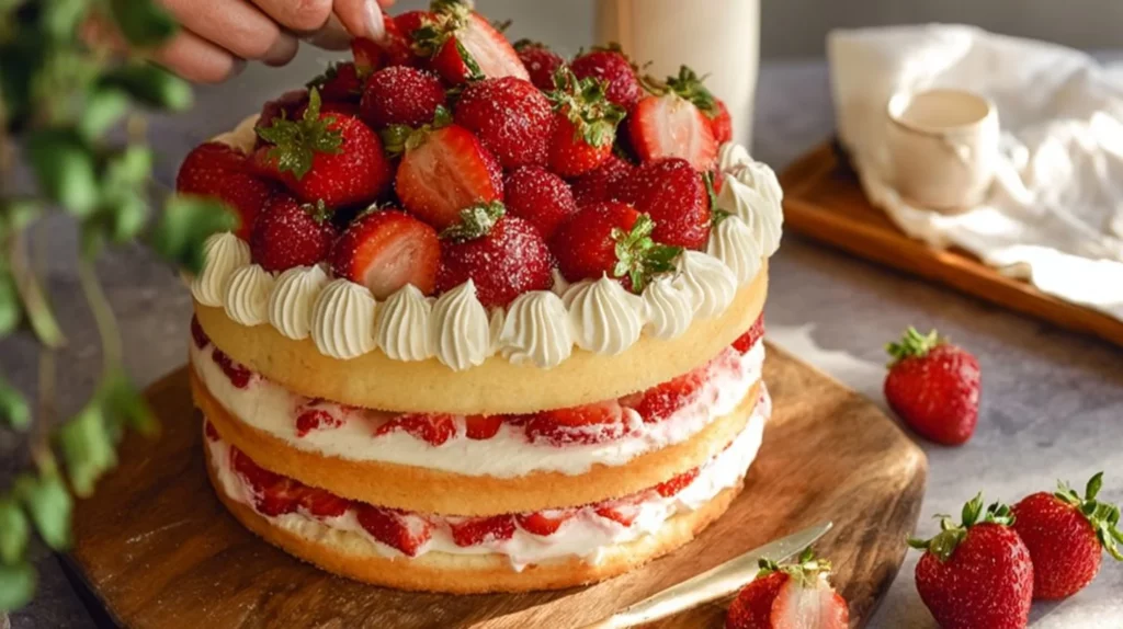 Delicious strawberry shortcake cake with layers of fresh strawberries and whipped cream