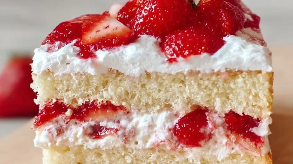 Delicious Strawberry Shortcake Cake topped with fresh strawberries and whipped cream