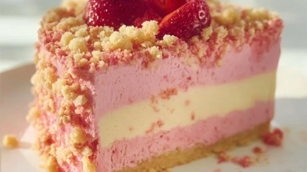 Slice of Strawberry Shortcake Cheesecake with fresh strawberries on top