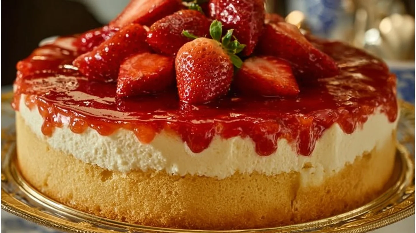 Strawberry Shortcake Cheesecake topped with fresh strawberries and whipped cream.
