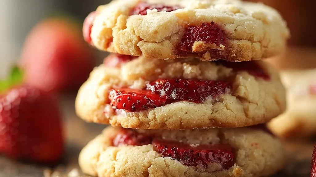 Delicious strawberry shortcake cookies topped with fresh strawberries and whipped cream