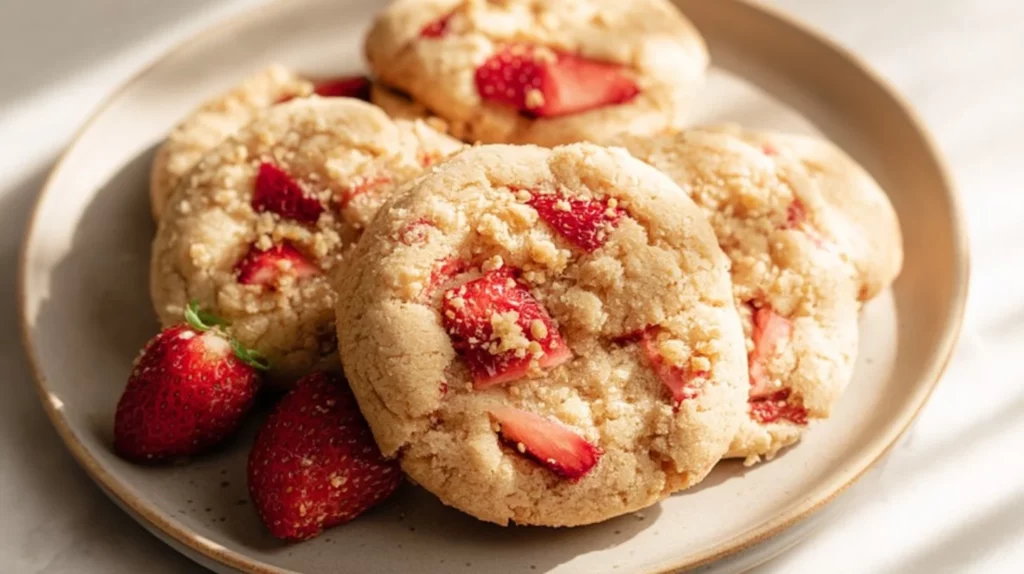 Delicious Strawberry Shortcake Cookies on a plate, perfect for dessert lovers.