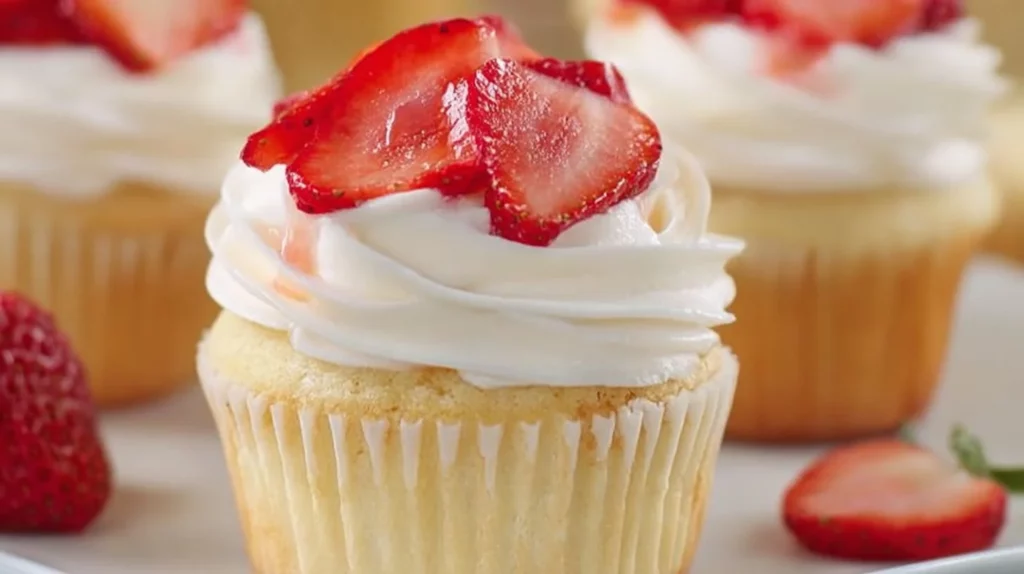 Delicious strawberry shortcake cupcakes with fresh strawberries and whipped cream