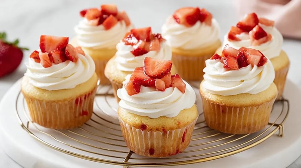 Delicious Strawberry Shortcake Cupcakes topped with fresh strawberries and whipped cream