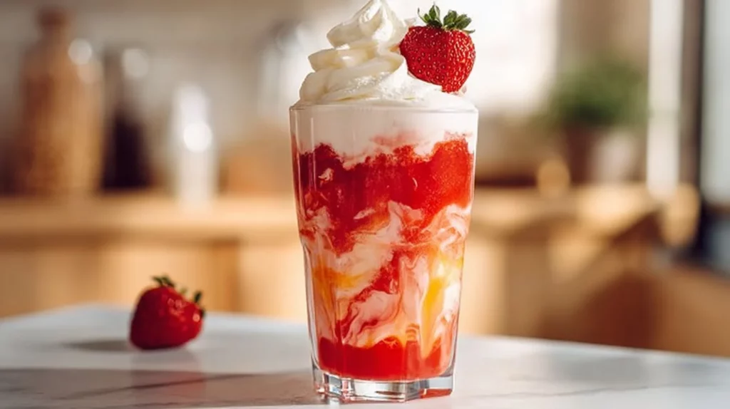 Refreshing Strawberry Shortcake Dirty Soda in a beautiful glass