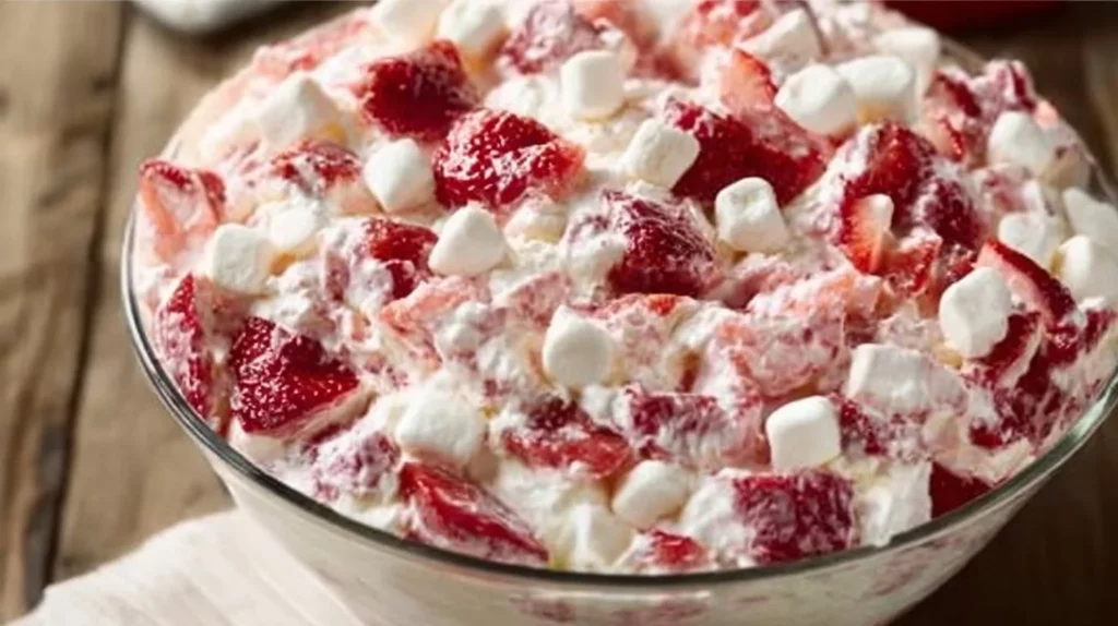 Strawberry Shortcake Fluff Salad with fresh strawberries and cream