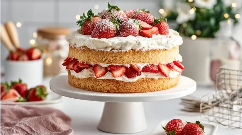 Strawberry Shortcake Layer Cake garnished with fresh strawberries and whipped cream.