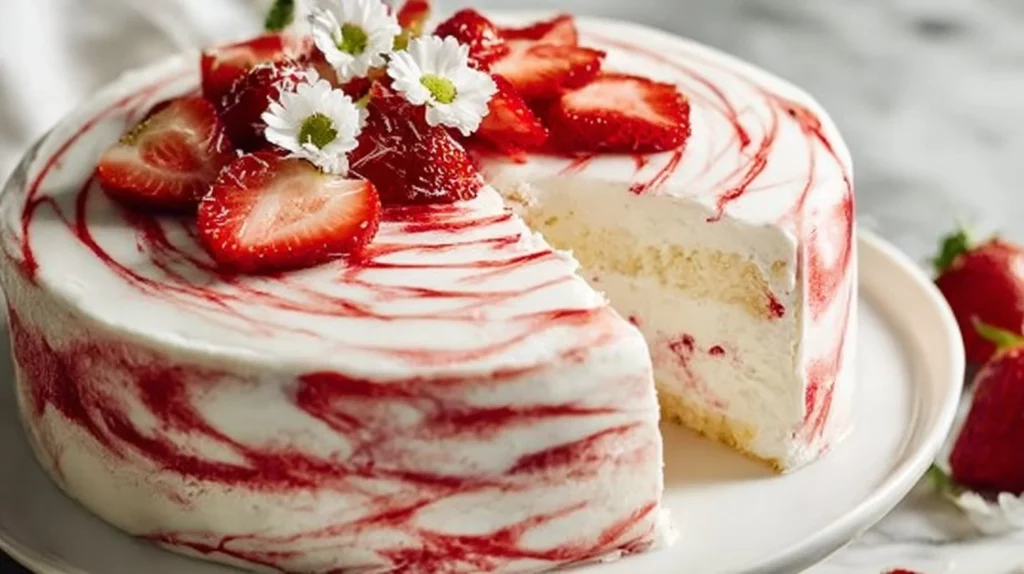 Delicious Strawberry Shortcake Layer Cake with fresh strawberries and whipped cream