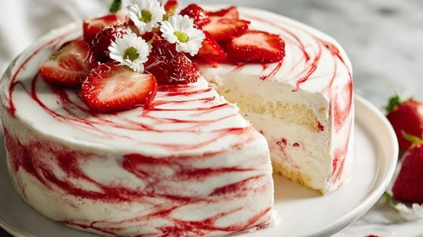 Delicious Strawberry Shortcake Layer Cake with fresh strawberries and whipped cream