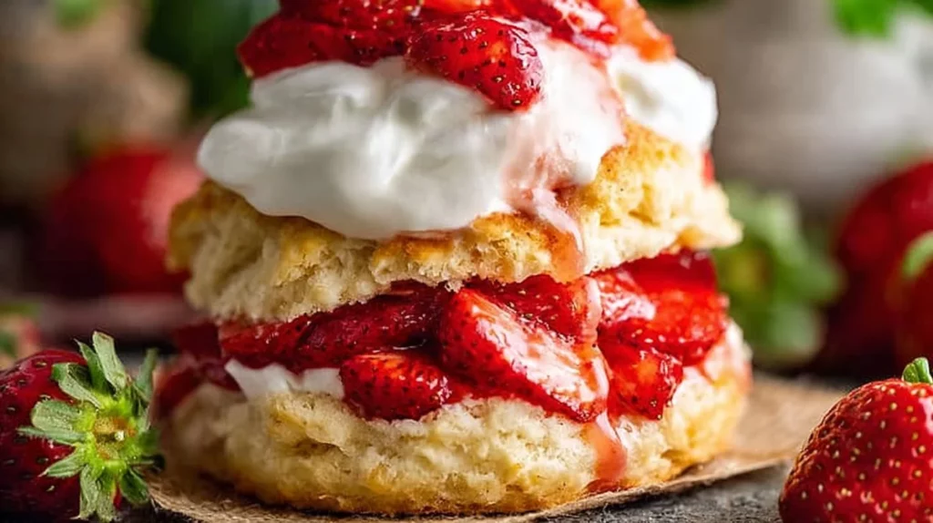 Delicious homemade strawberry shortcake with fresh strawberries and whipped cream.