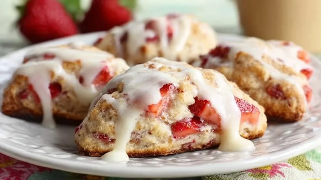 Freshly baked strawberry shortcake scones on a wooden table