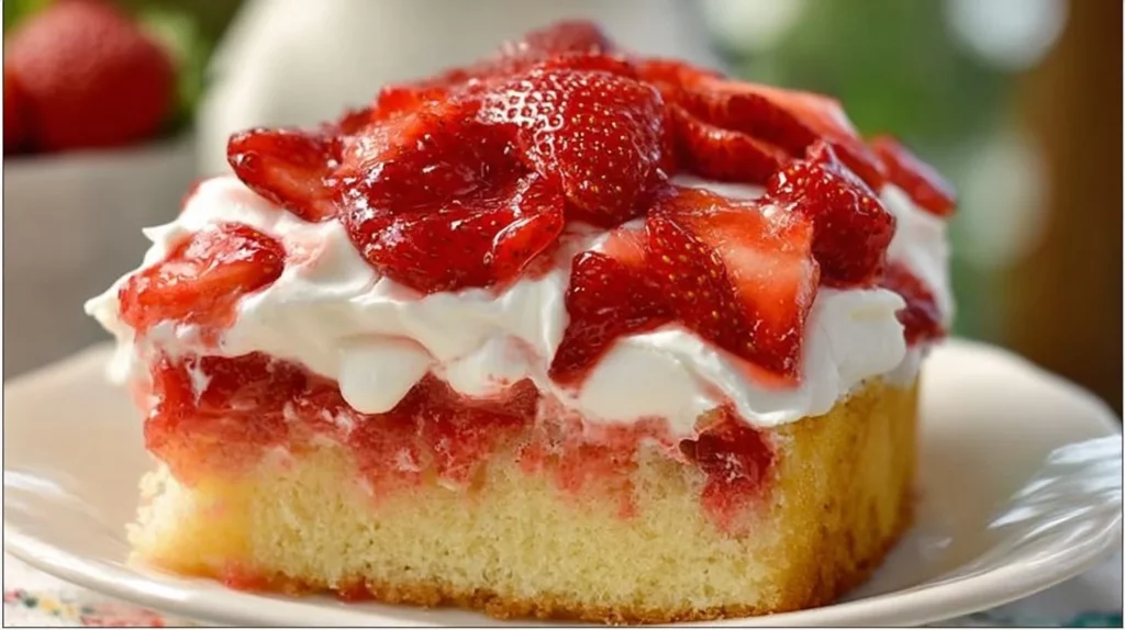 Delicious Strawberry Shortcake Sheet Cake topped with fresh strawberries and whipped cream.