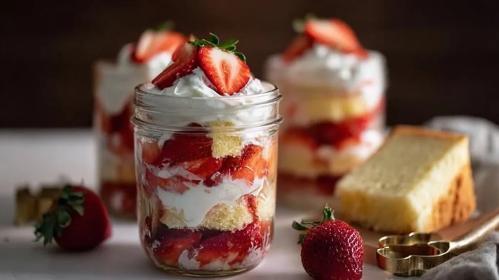 Delicious Strawberry Shortcake Trifles layered with fresh strawberries and cream.