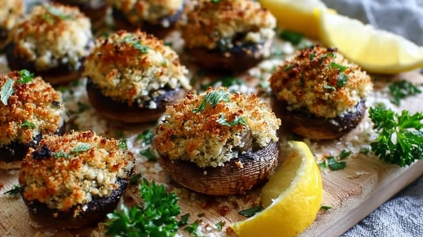 Delicious stuffed mushrooms topped with herbs and cheese, ready to serve.