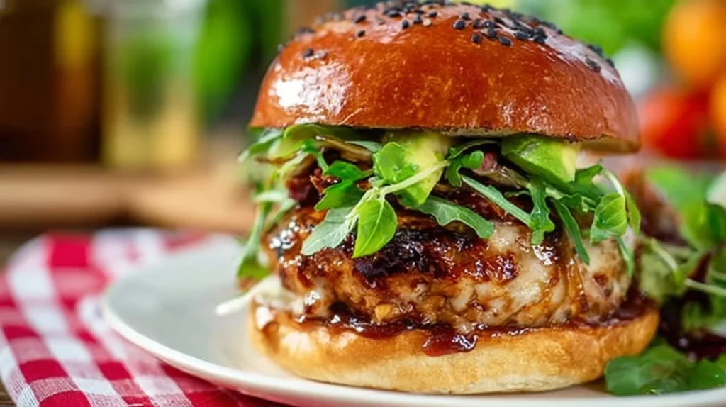Sundried tomato caprese turkey burgers on a plate with fresh basil and mozzarella