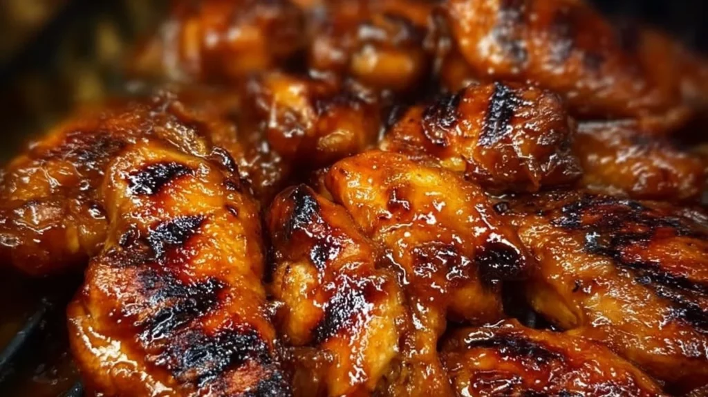 Delicious sweet and spicy glazed chicken thighs served on a plate