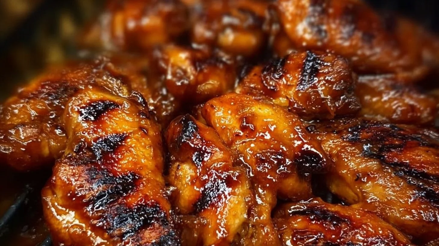 Delicious sweet and spicy glazed chicken thighs served on a plate
