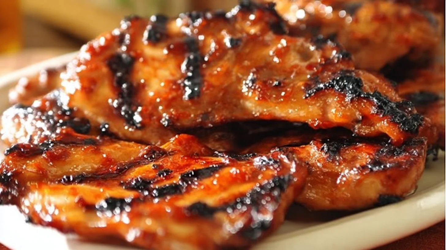 Delicious sweet chili grilled chicken served on a plate with fresh herbs.